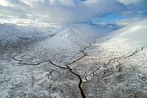 Aerial view of three tributaries of the River Affric,  Allt Gleann Gniomhaidh, Allt Cam-ban and Allt a chomhlain meeting at the base of Ciste Dhubh,  Glen Affric Nature Reserve, HIghlands, Scotland, U...