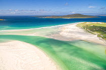 Aerial view of aquamarine water and Luskentyre white sand beach in summer, Isle of Harris, Outer Hebrides, Scotland, UK. August, 2018.