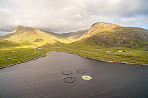 Aerial view of fish farm pens and surrounding hills, Isle of Lewis, Outer Hebrides, Scotland, UK. August, 2018.