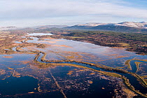Aerial view of Insh Marshes flooded after snow melt, Cairngorms National Park, Scotland, UK. January, 2020.