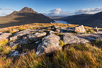 Cul Beag mountain and loch in evening light from Stac Pollaidh, Coigach, Scotland, UK. September, 2017.