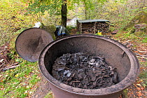 Charcoal, made from non-native Beech wood, in kiln after burning, Killiecrankie, Perthshire, Scotland, UK. October.