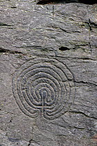 Labyrinth pattern rock carving, possibly Bronze Age, approx 1800 - 1400 BC, in slate, Rocky Valley, Tintagel, Cornwall, UK. November.