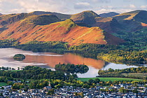 View from Latrigg, overlooking Keswick toward Derwent water and Catbells mountain, in early morning sunlight.  Lake District, Cumbria, UK. October.