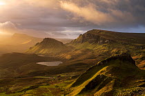 Quiraing in morning light, eastern face of Meall na Suiramach, Northern most summit of Trotternish.  Isle of Skye, Scotland, UK. November 2021.