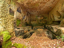 Interior of Etruscan  tomb in the Necropoli del Cavo deli Zucchi, Civita Castellana, Lazio, Italy May.