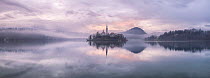 Lake Bled and the Church of the Assumption of St. Mary at dawn, Bled, Slovenia. February.