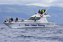 Tourists on whale watching boat, Pico island, Azores, Atlantic Ocean.