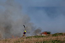 Fireman fighting a Gorse (Ulex sp.) fire burning on cliff top caused by discarded BBQ coals in extremely hot, dry summer, Glebe Cliff, Tintagel, Cornwall, UK. August, 2022.