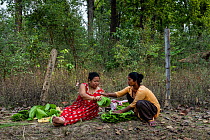 Two women sitting at the entrance to the community forest with a pile of Sal leaves they have collected. The leaves will be used for bowls.  Each villager is allowed an allotment of resources from the...