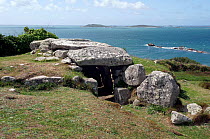 Bants Carn burial chamber dating to Bronze Age, St. Mary's, Scilly Isles, UK. May.