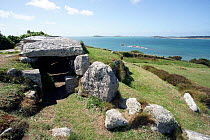 Bants Carn burial chamber dating to Bronze Age, St. Mary's, Scilly Isles, UK. May.