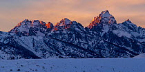 The last rays of sunset hit the Grand Teton and adjacent peaks on a winter evening. Grand Teton National Park, Wyoming, USA.