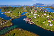 Aerial view of fishing village on island far out at sea in Norway's widest strandflat, Brasoya, Helgeland Archipelago, Norway, Norwegian Sea. July, 2019.