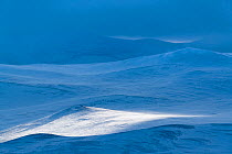 Snow-covered mountain landscape illuminated by sunlight through shifting cloud cover with strong wind whipping up snow on mountain slopes, Dovrefjell-Sunndalsfjella National Park, Norway. February, 20...