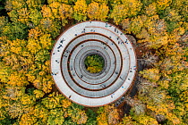 Aerial photograph of people walking on viewing platform at top of 45m high forest tower, 140m above sea level, surrounded by Common beech (Fagus sylvatica) forest. Camp Adventure, Denmark. October. No...