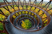 People walking up spiral walkway on 45m high forest tower with viewing platform,140m above sea level with view of forest and fields, within Common beech (Fagus sylvatica) forest.  Camp Adventure, Den...