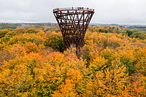 Aerial photograph of 45m high forest tower with viewing platform 140m above sea level with view of forest and fields, within Common beech (Fagus sylvatica) forest.  Camp Adventure, Denmark.   non-ex...