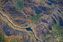 Aerial view of string bogs (aapa mire) and coniferous forests in autumn, Muddus National Park, World Heritage Laponia, Swedish Lapland, Sweden. October, 2013.