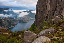 View over Lysefjorden from Preikestolen (Pulpit rock), Forsand, Rogaland, Norway. June, 2012.