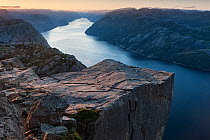 View of Lysefjorden from clifftop at Preikestolen (Pulpit rock) in summer, Forsand, Rogaland, Norway. June, 2012.