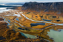 Laitaure delta / Rapa river delta, viewed from top of Mount Skierfe (1179m) in autumn, Sarek National Park, World Heritage Laponia, Swedish Lapland, Sweden. September, 2013.