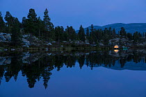 Tent lit up at night on the shore of Svarttjonna lake, Femundsmarka National Park, Norway. September.