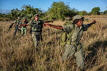 Four female park rangers on patrol, part of an all female ranger patrol, Gorongosa National Park, Mozambique. June, 2018.