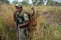 Two female park rangers on patrol, part of an all female ranger patrol, Gorongosa National Park, Mozambique. June, 2018.