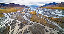 Aerial image over river delta. Adventdalen valley, Svalbard, Norway. August.