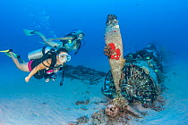 Two scuba divers exploring the wreck of a WW II Corsair fighter plane on the seabed, off south-east Oahu, Hawaii, Pacific Ocean. Model  released.