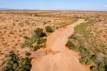 Aerial view of dried up river.  Tsavo East National Park, Kenya.