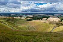 View over The Manger showing ice-cut terraces, Dragon Hill and the Vale of the White Horse from White Horse Hill SSSI, Berkshire Downs, Oxfordshire, England, UK. July, 2022.