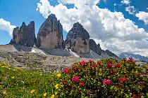 The three peaks of the Tre Cime, Dolomites, South Tyrol, Italy. July, 2020.