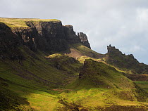 The Quiraing , landslip on eastern face of Meall na Suiramach summit, in low clouds.   Trotternish Peninsula, Isle of Skye, Inner Hebrides, Scotland, UK. May.