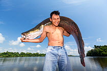 Portrait of local fisherman holding large Pirarucu (Arapaima gigas), whose numbers have drastically declined in the region due to overfishing, on his shoulders.  Pacaya Samiria National Park, Loreto,...