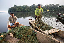 Local fishermen handling nets used for fishing Pirarucu (Arapaima gigas), whose numbers have drastically declined in the region due to overfishing.  Pacaya Samiria National Park, Loreto, Peru.