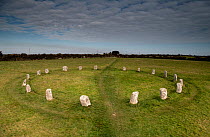 The Merry Maidens of Boleigh, a late Stone age / early Bronze Age (2500-1500BC) stone circle, near Penzance, Cornwall, England, UK. March, 2022.