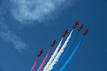 The Royal Air Force Red Arrows display team in formation with red white and blue contrails  in blue sky, over Rhosneigr, Anglesey, Wales, UK. August, 2022.