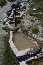 Traditional stone carved water trough at high altitude on path to Girardin mountain pass.  Provence-Alpes-Cotes-d'Azur, France. July.