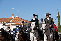 Riders in traditional costume parading on Lusitano horses, Feira de Golega, Ribatejo, Portugal.