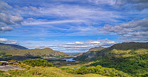 View from Lady's View across hills and woodland in Killarney National Park, County Kerry, Republic of Ireland. September, 2022.