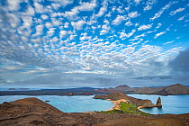 View of Bartolome Island, near Santiago Island, showing numerous volcanic spatter and tuff cones of varying ages.  Galapagos Islands, Ecuador.