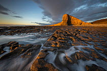 Low tide over bedrock along the shore with towering cliffs in background at sunset, Nash Point, Glamorgan Heritage Coast, Wales, UK. December, 2022.