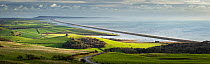 St Catherine's Chapel, Chesil Beach and the Fleet lagoon viewed from Abbotsbury Castle, Jurassic Coast World Heritage Site, Dorset, England, English Channel, UK. January, 2022.