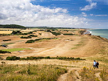 Two hikers walking past Sheringham golf course, dried up in drought conditions after one of the driest summers on record, North Norfolk, UK. July, 2022.
