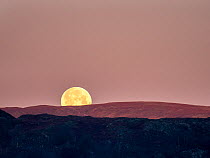 Moon setting at dawn over the Langdale fells, Lake District, Cumbria, UK. December, 2021.