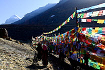 Pilgrims walking along hundreds of prayer flags towards sacred Mount Kailash.  Tibet, China.