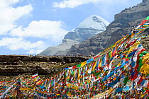 Hundreds of prayer flags blowing in wind in front of sacred Mount Kailash. Tibet, China.