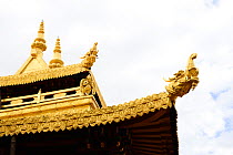 Roof detail of Jokhang Monastery, founded between 639 and 647 AD, one of most revered religious structures in Tibet.  Lhasa, Tibet, China.